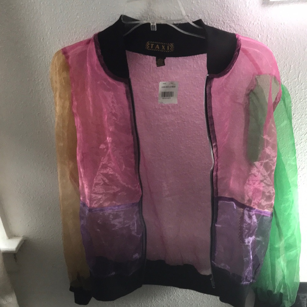 Pink and Green Bomber Jacket with Sheer Sleeves